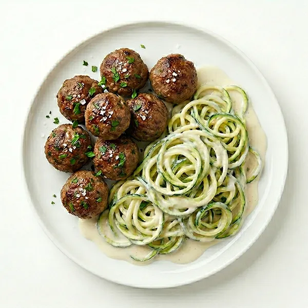 Smoky parsley Beef Meatballs with Zucchini Noodles and Alfredo Sauce